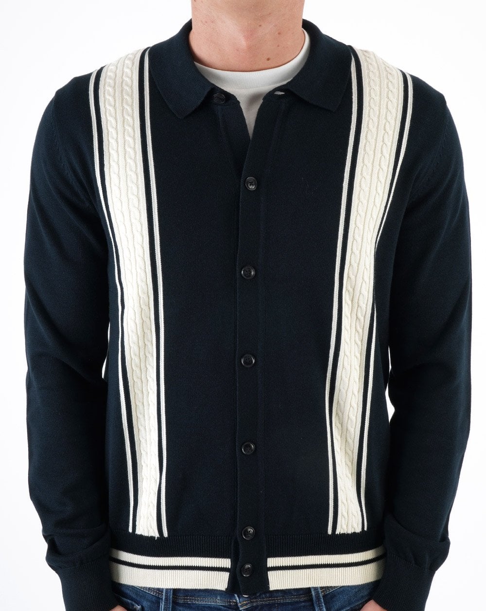 Ben Sherman Long Sleeve Cable Knit Polo Black