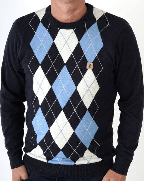Gabicci Vintage Argyle Diamond Crew Knit Navy