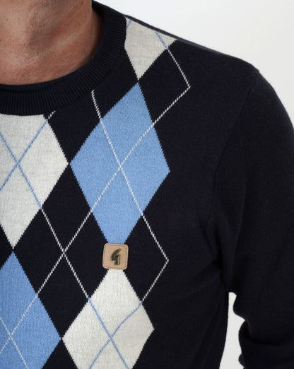Gabicci Vintage Argyle Diamond Crew Knit Navy