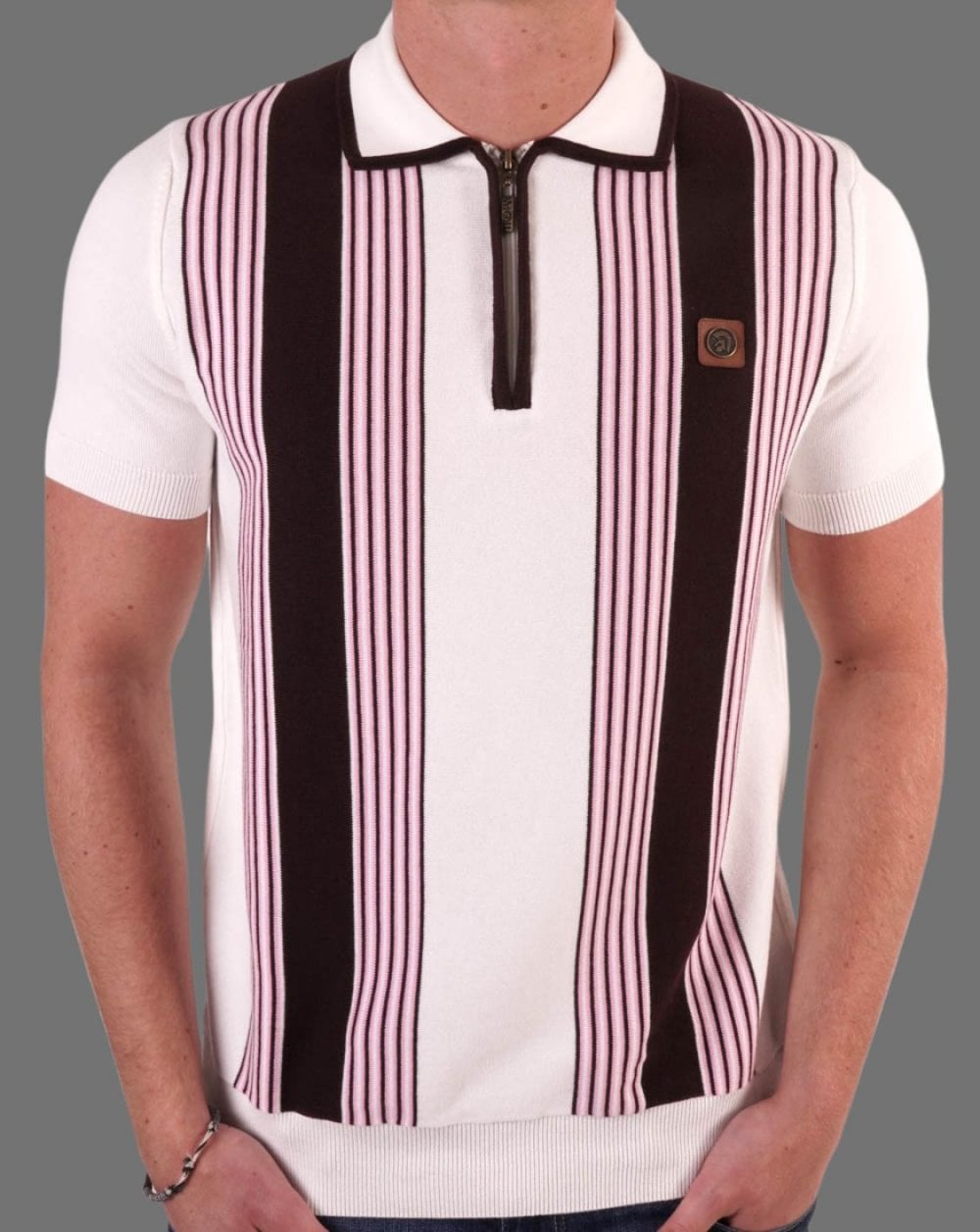 Trojan Stripe Front Zip Knitted Polo Ecru