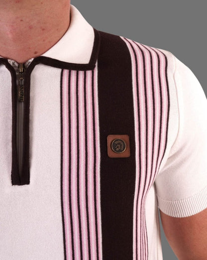 Trojan Stripe Front Zip Knitted Polo Ecru
