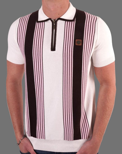 Trojan Stripe Front Zip Knitted Polo Ecru