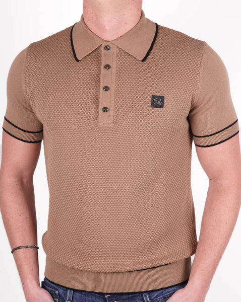Trojan Textured Knit Polo Shirt Camel