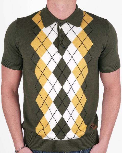 Trojan Argyle Fine Knit Polo Army/Gold