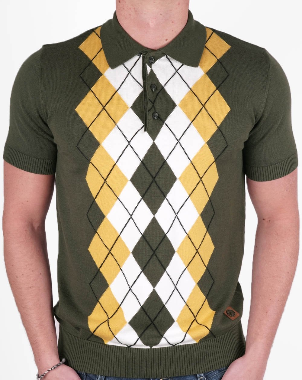 Trojan Argyle Fine Knit Polo Army/Gold