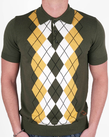 Trojan Argyle Fine Knit Polo Army/Gold
