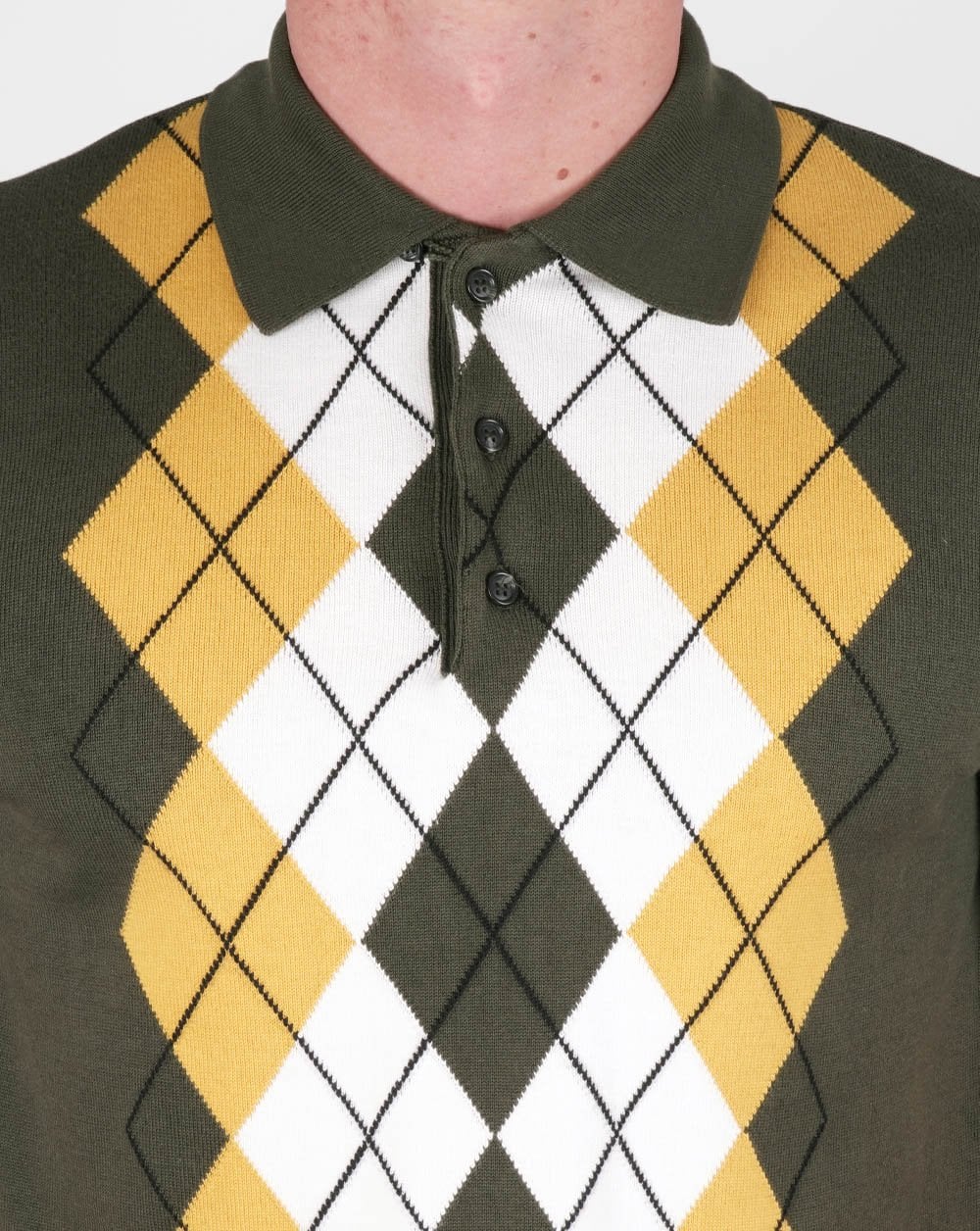 Trojan Argyle Fine Knit Polo Army/Gold