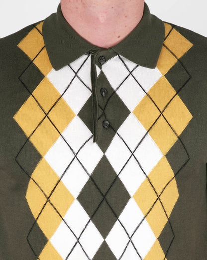Trojan Argyle Fine Knit Polo Army/Gold