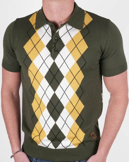 Trojan Argyle Fine Knit Polo Army/Gold