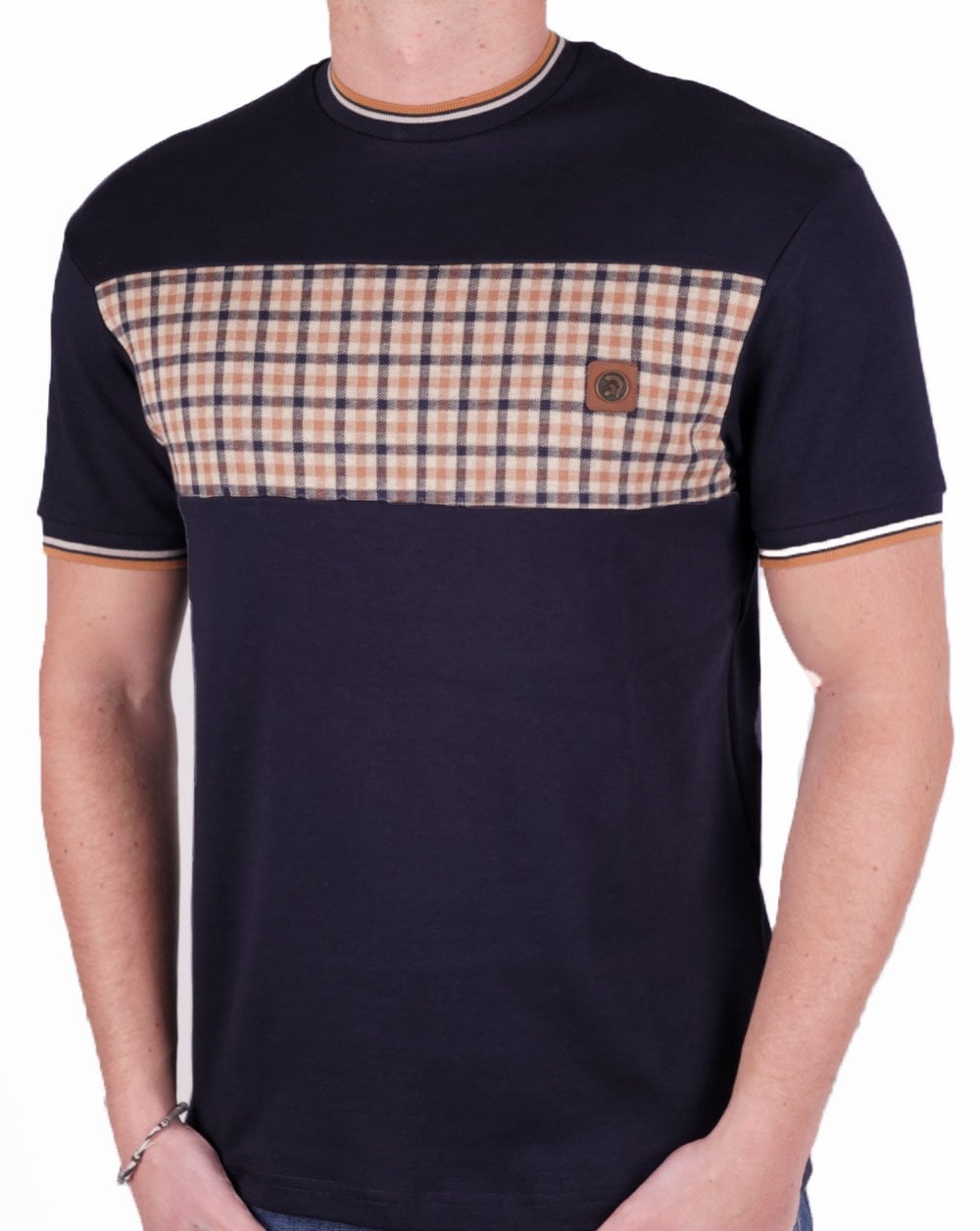 Trojan Gingham Panel T Shirt Navy