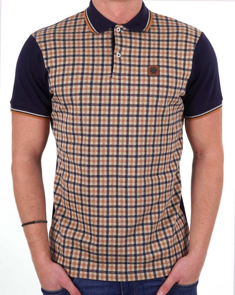 Trojan Gingham Check Panel Polo Navy/Camel