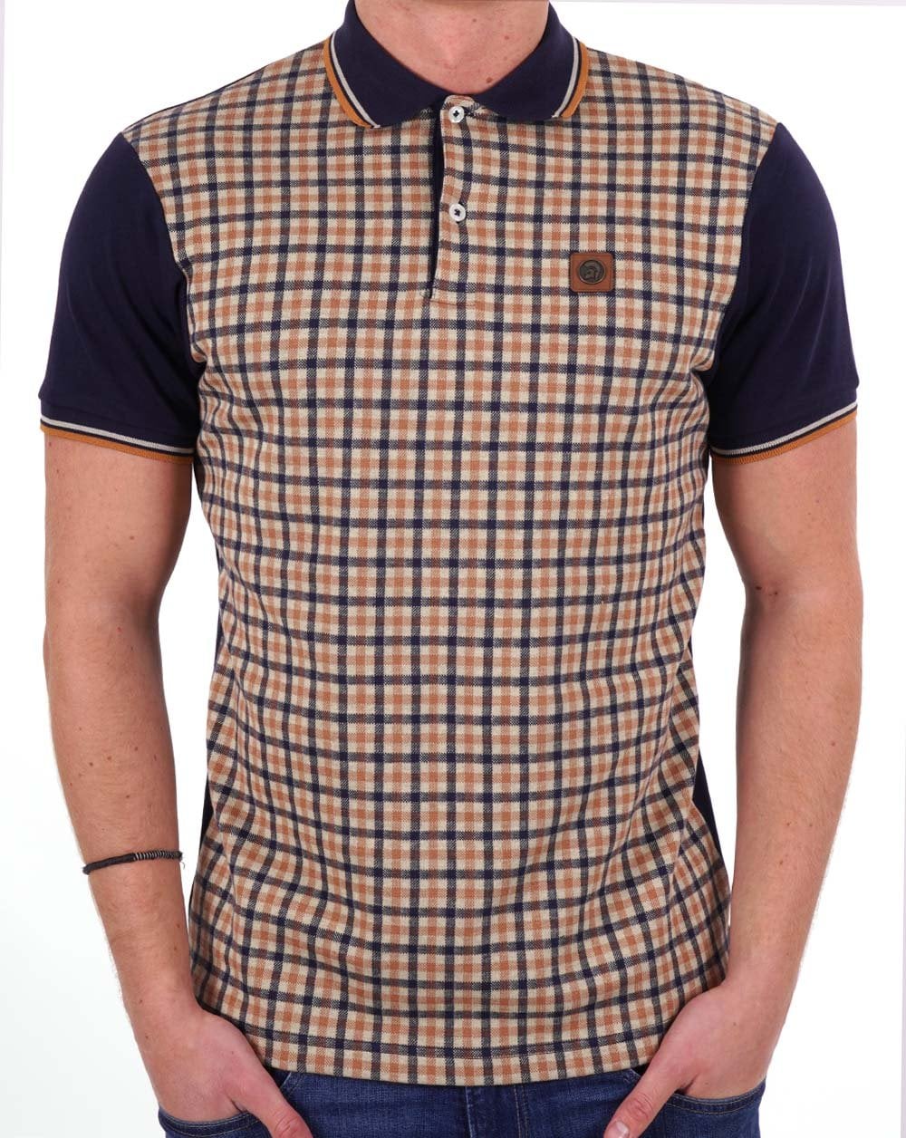 Trojan Gingham Check Panel Polo Navy/Camel