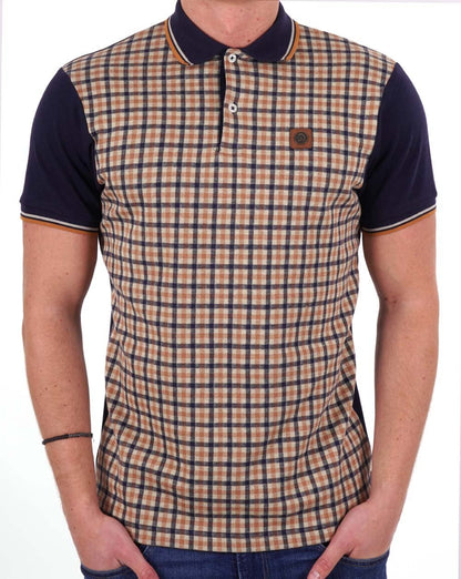 Trojan Gingham Check Panel Polo Navy/Camel