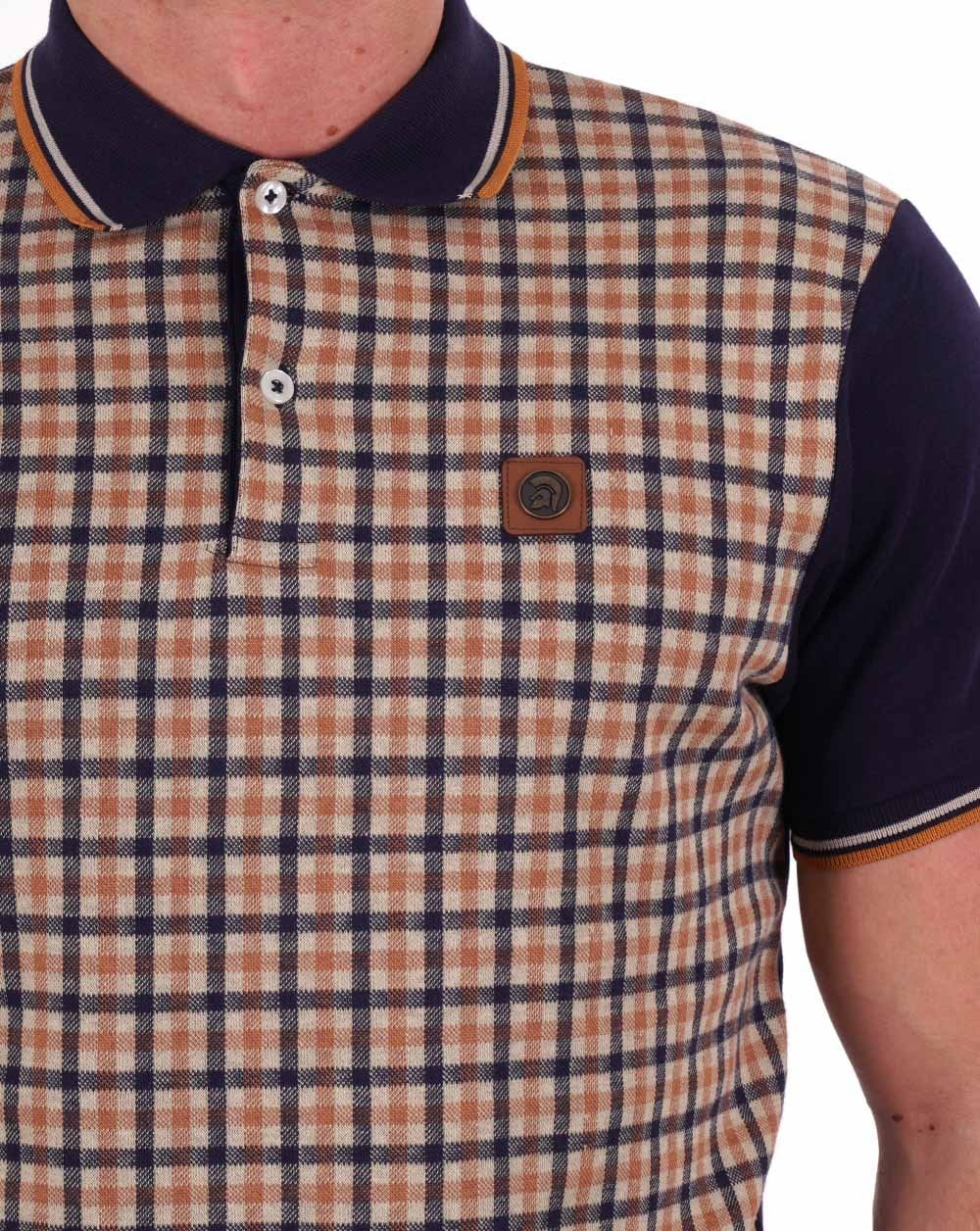 Trojan Gingham Check Panel Polo Navy/Camel