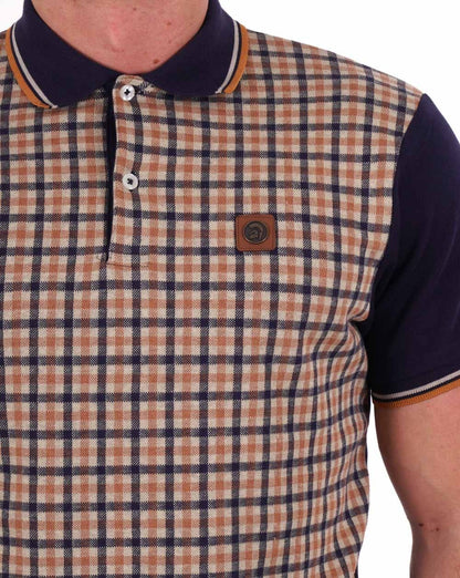 Trojan Gingham Check Panel Polo Navy/Camel