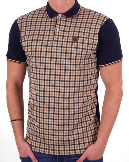 Trojan Gingham Check Panel Polo Navy/Camel