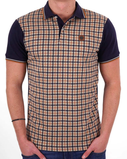 Trojan Gingham Check Panel Polo Navy/Camel