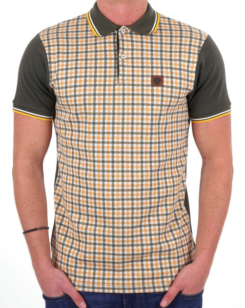 Trojan Gingham Check Panel Polo Army Green/Gold