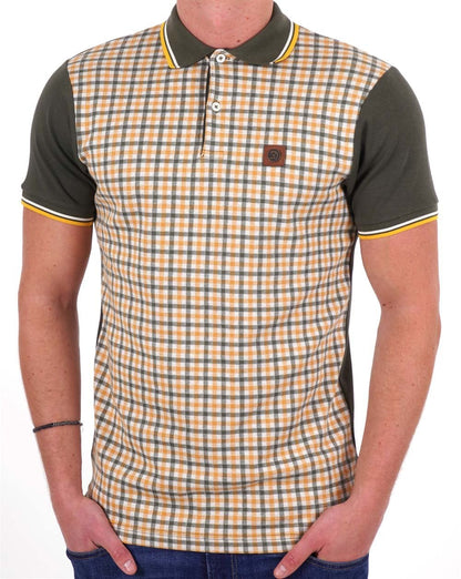 Trojan Gingham Check Panel Polo Army Green/Gold