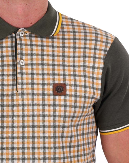 Trojan Gingham Check Panel Polo Army Green/Gold