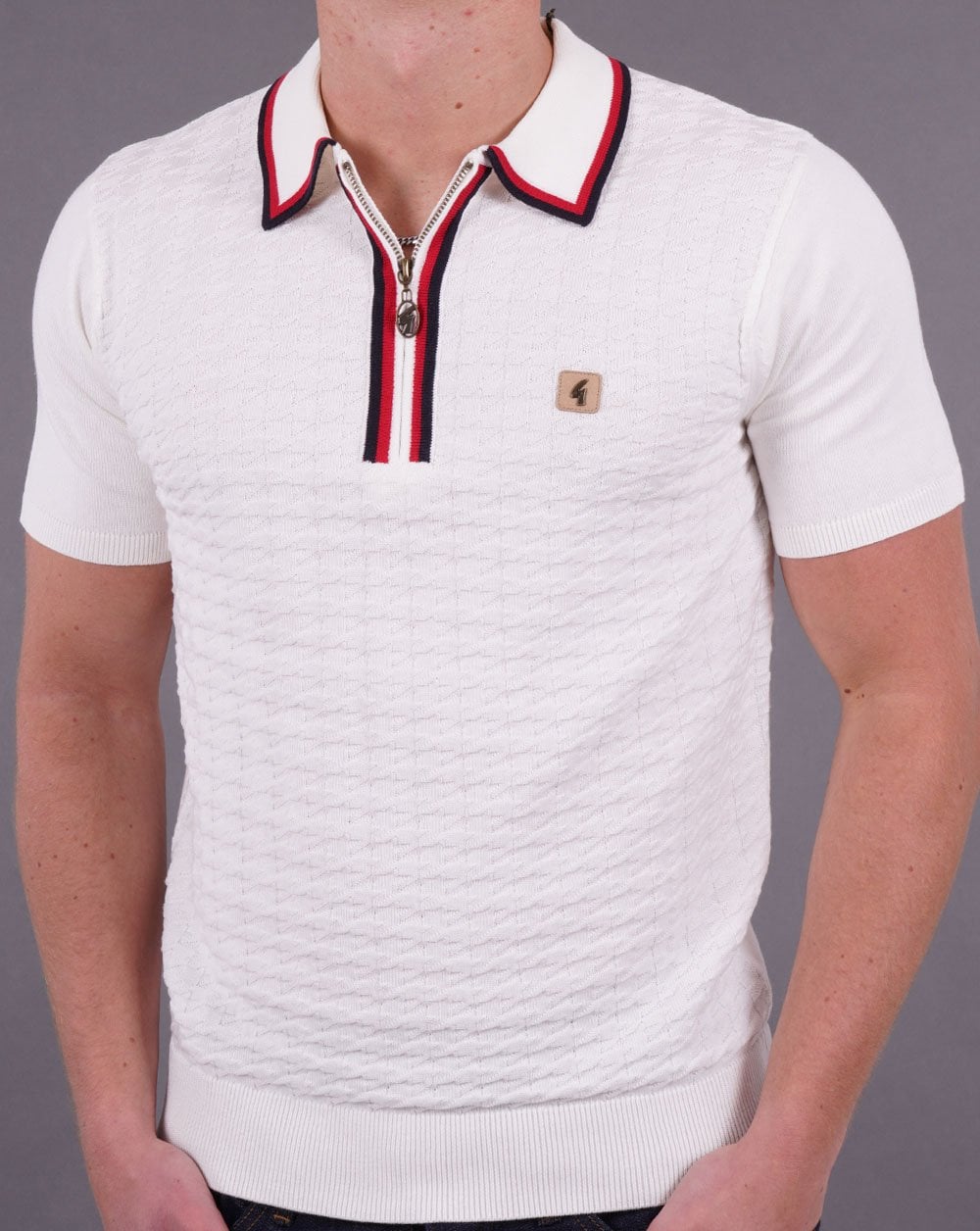 Gabicci Vintage Garner Zip Knit Polo White