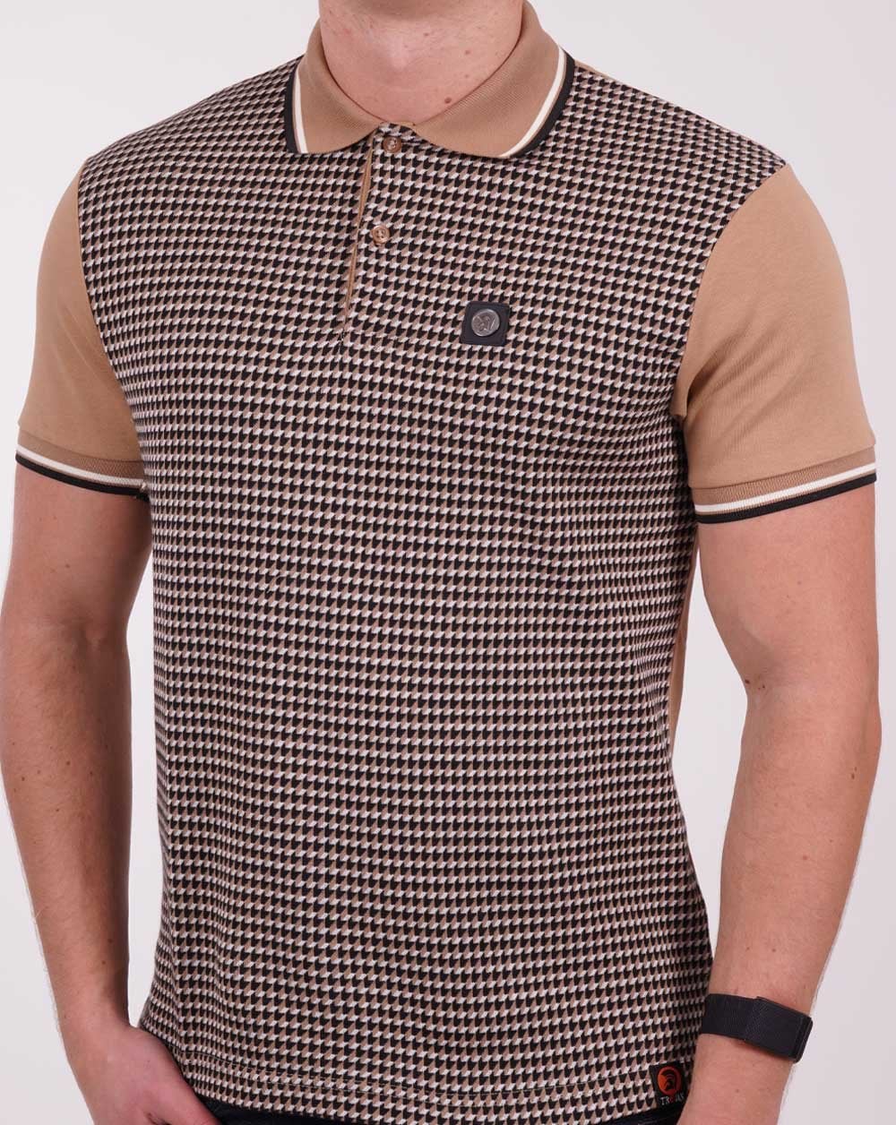 Trojan Geometric Pattern Panel Polo Camel/Navy
