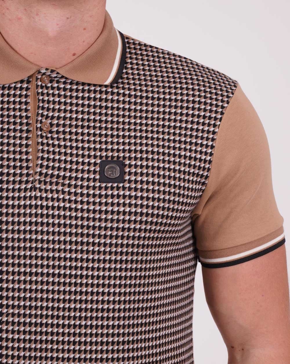 Trojan Geometric Pattern Panel Polo Camel/Navy