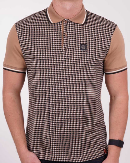 Trojan Geometric Pattern Panel Polo Camel/Navy