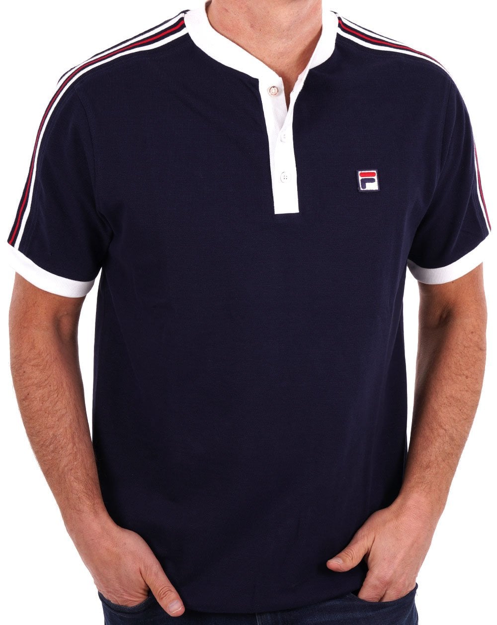 Fila Vintage Collarless Polo Shirt Navy
