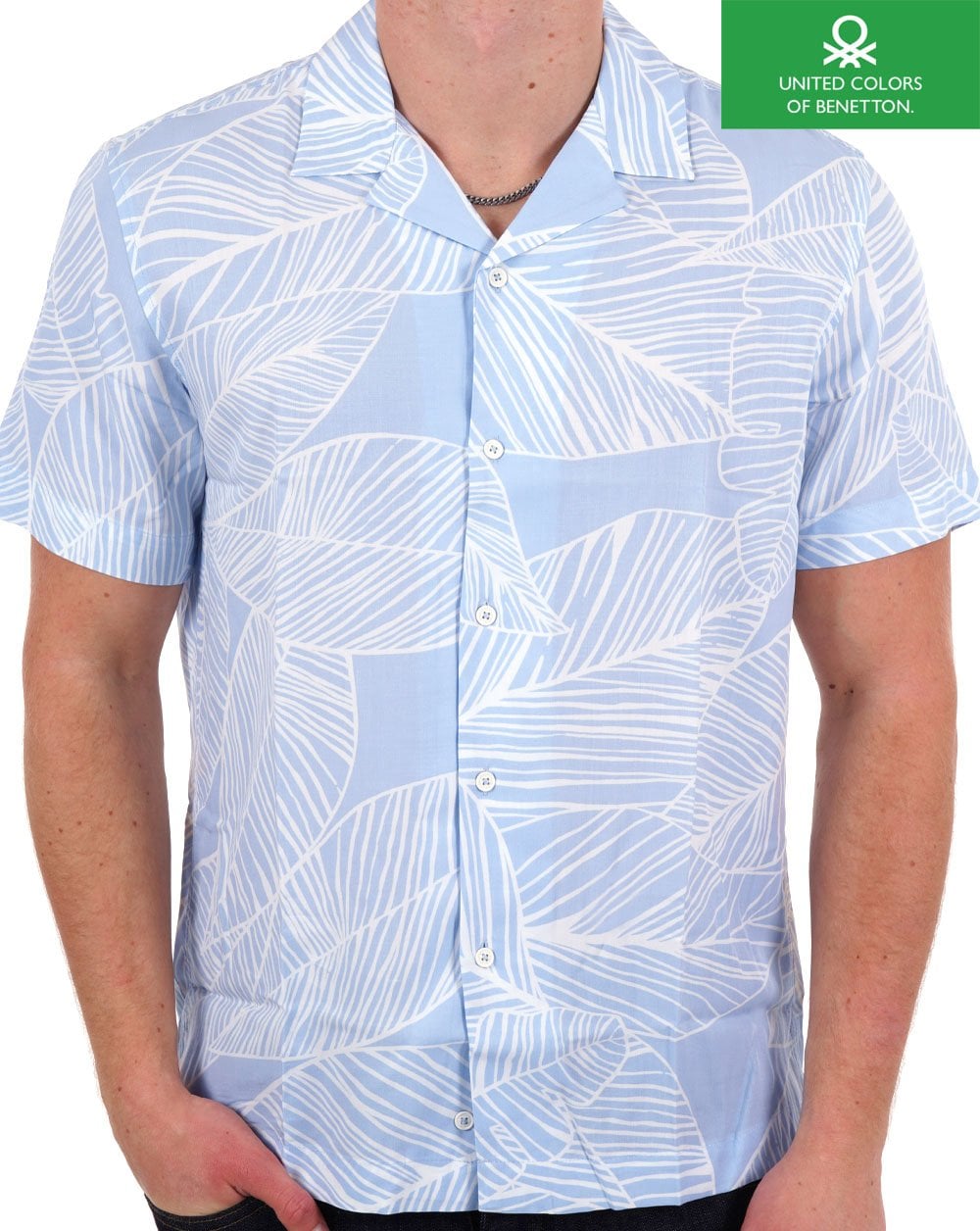 Benetton Leaf Print SS Shirt Sky/White