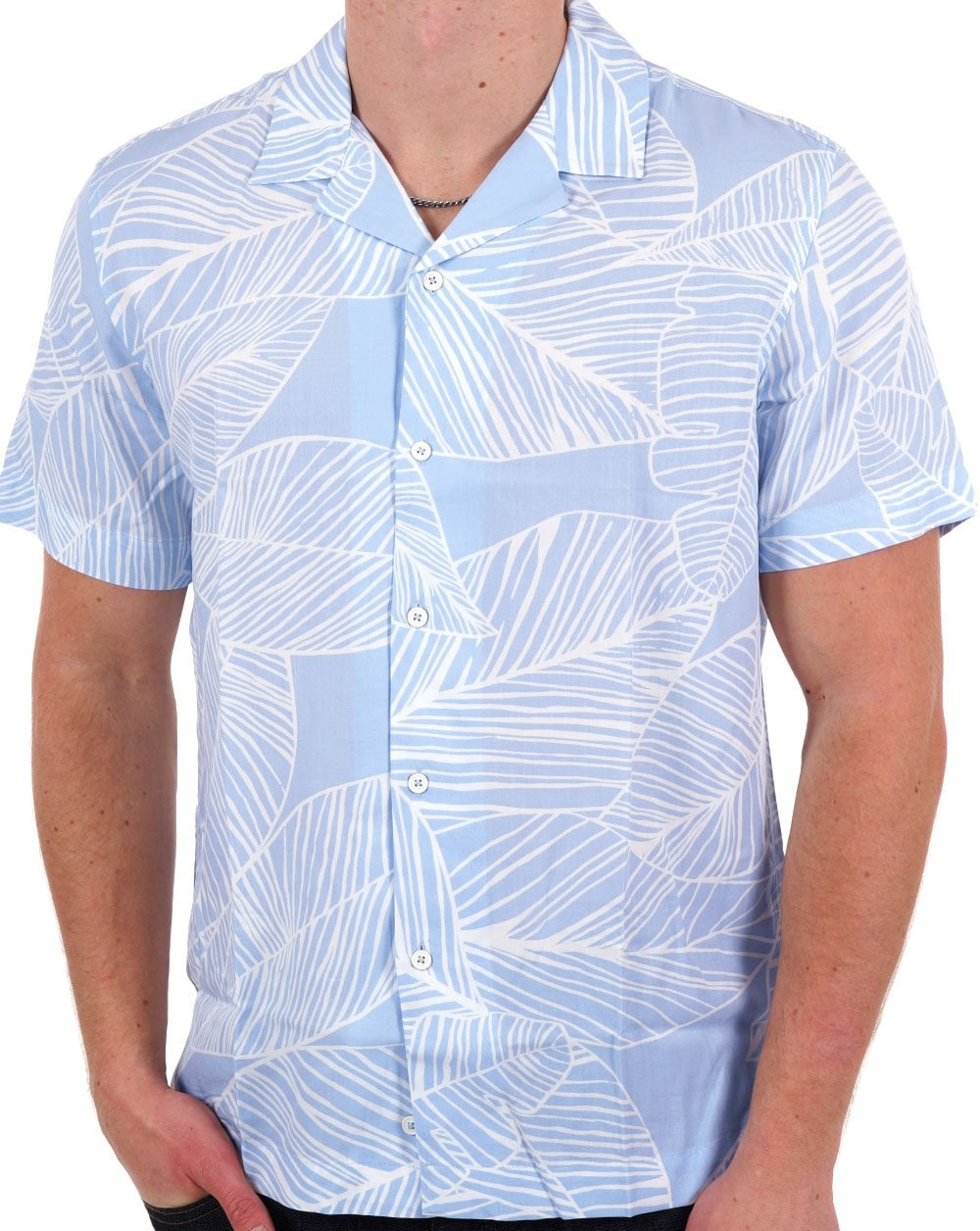Benetton Leaf Print SS Shirt Sky/White