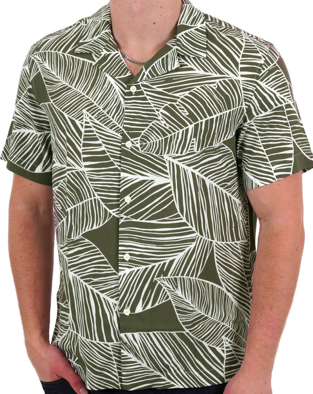 Benetton Leaf Print SS Shirt Olive/White