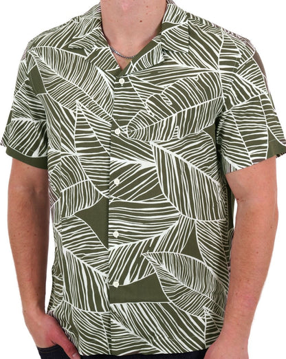 Benetton Leaf Print SS Shirt Olive/White