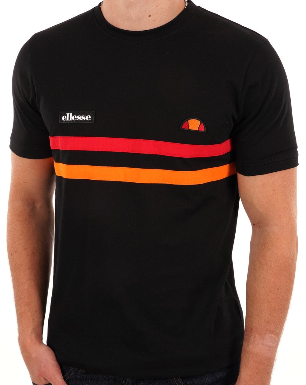 Ellesse Two Stripe T Shirt Black/Red/Orange