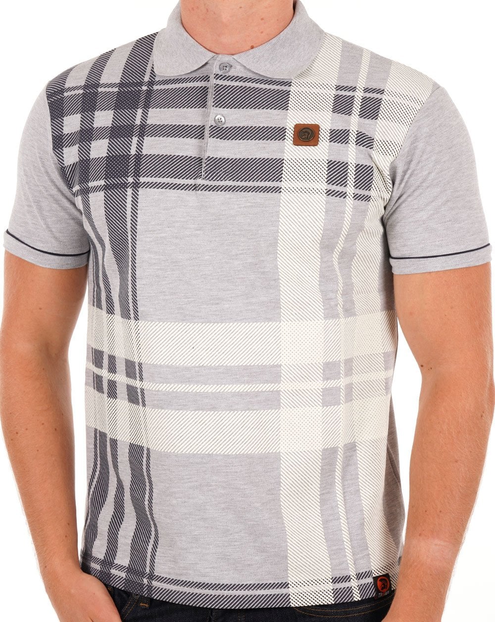 Trojan Check Panel Polo Shirt Grey