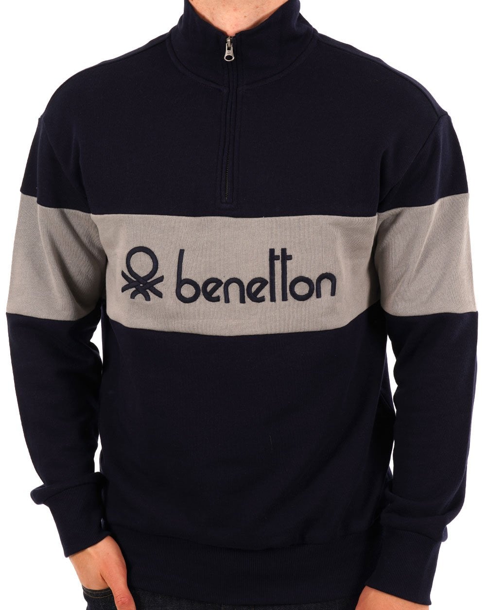 Benetton Colour Block Quarter Zip Sweater Navy/Grey