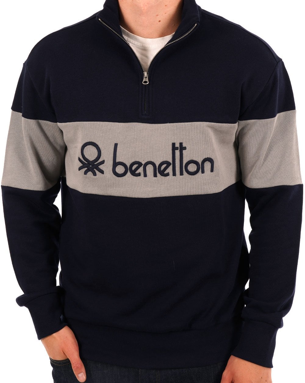 Benetton Colour Block Quarter Zip Sweater Navy/Grey