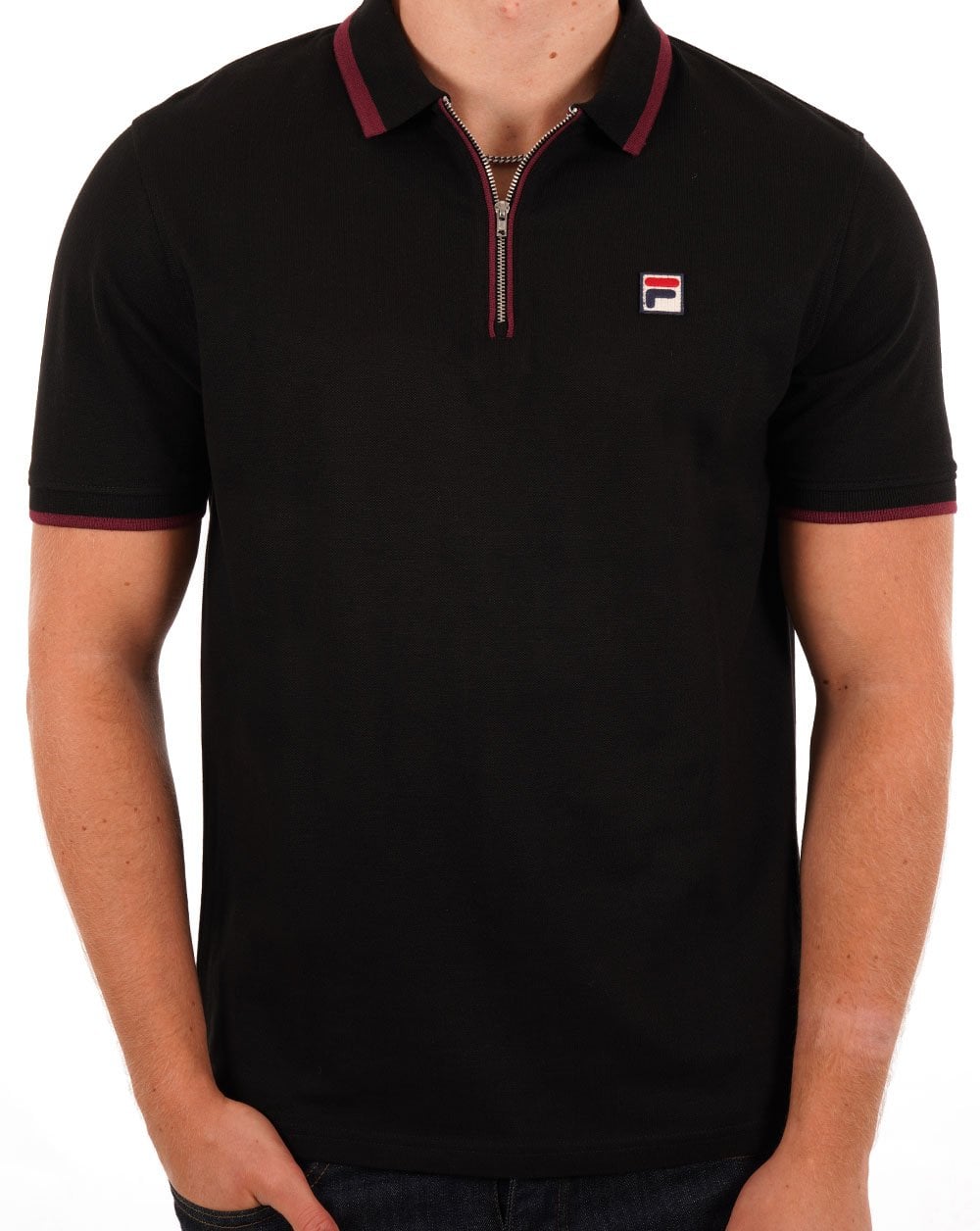 Fila Vintage Tipped Zip Polo Shirt Black/Burgundy