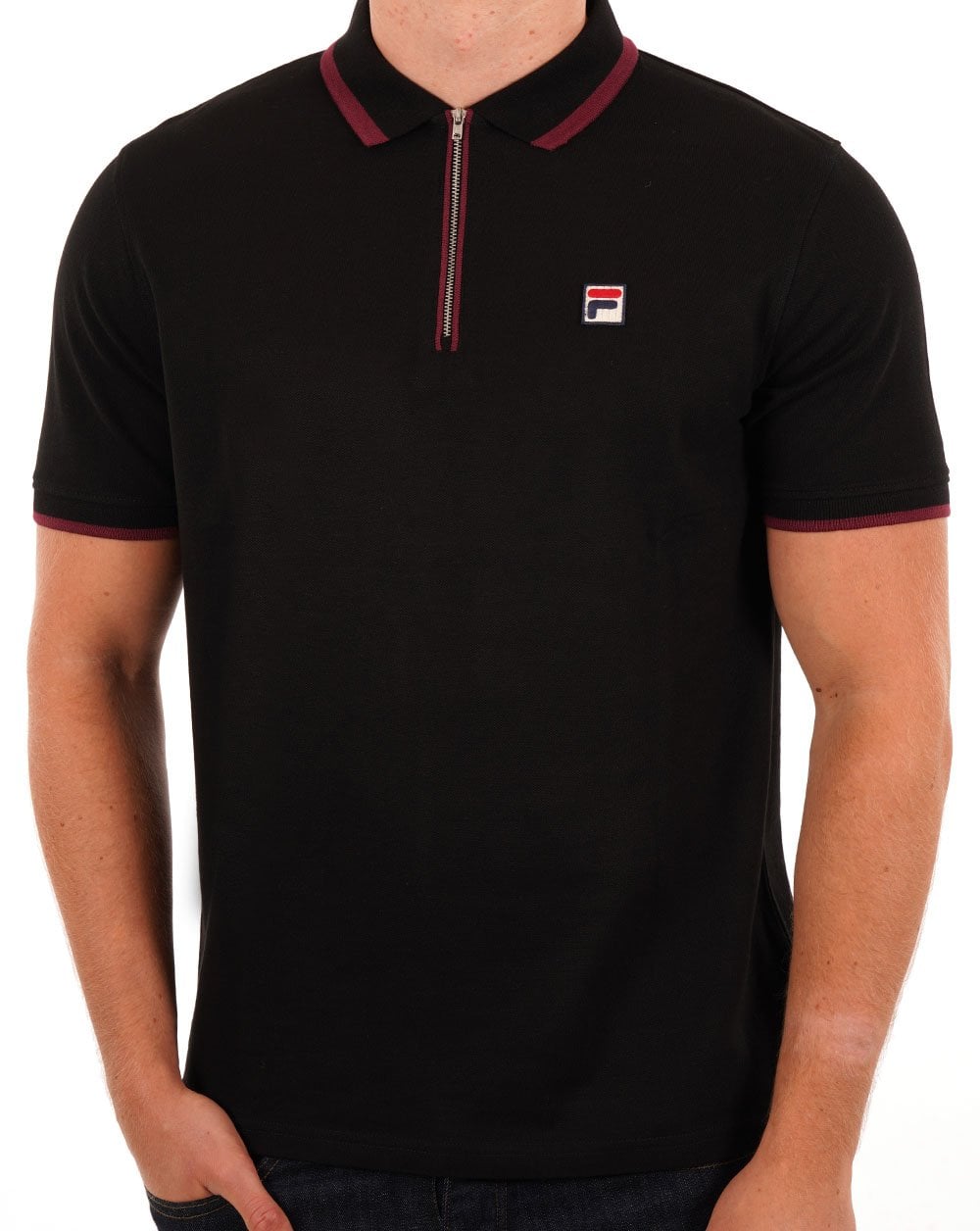 Fila Vintage Tipped Zip Polo Shirt Black/Burgundy
