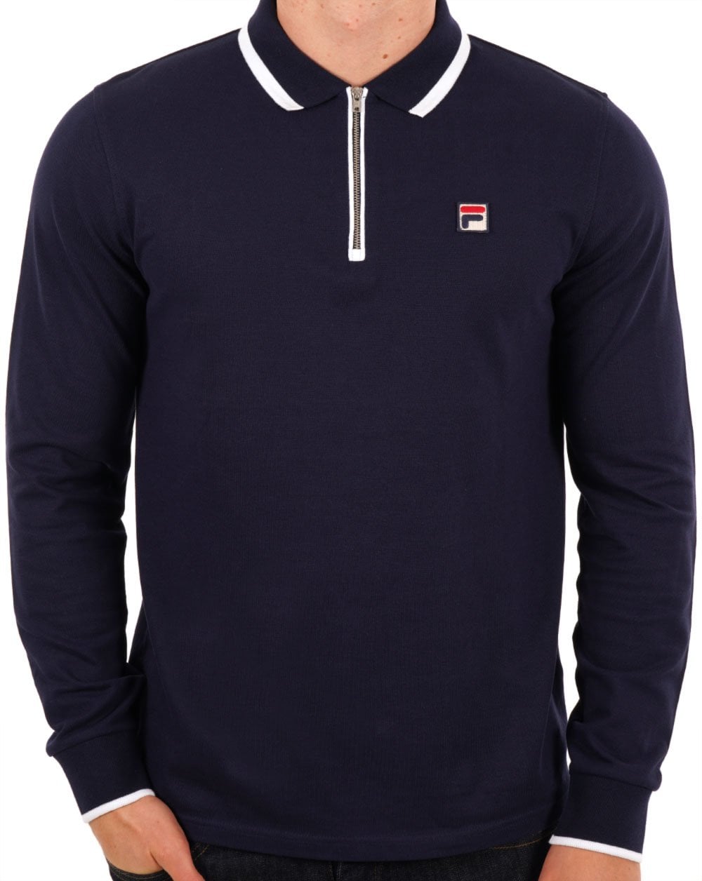 Fila Vintage Tipped Zip LS Polo Shirt Navy