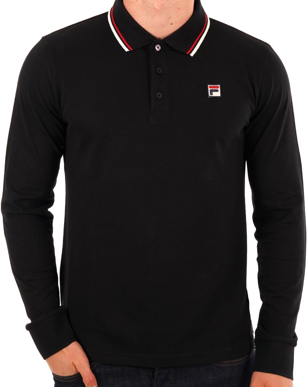 Fila Vintage Tipped Long Sleeve Polo Shirt Black/Gardenia/Red