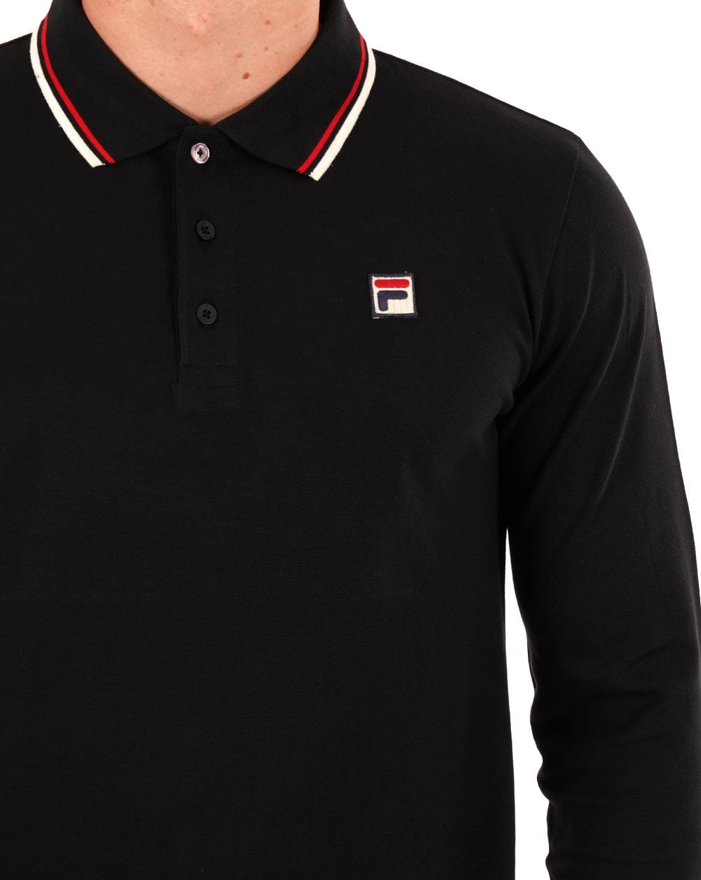 Fila Vintage Tipped Long Sleeve Polo Shirt Black/Gardenia/Red