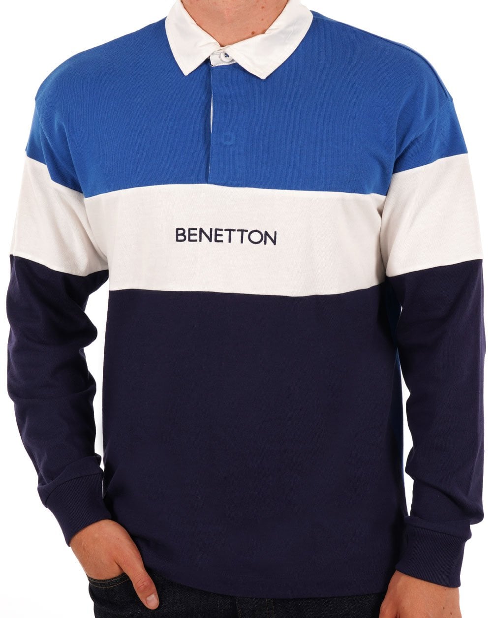 Benetton Rugby Style Polo Shirt Blue/White