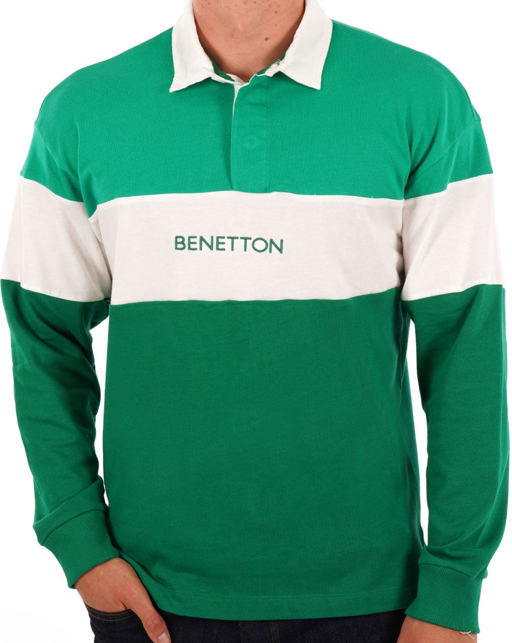 Benetton Rugby Style Polo Shirt Green/White