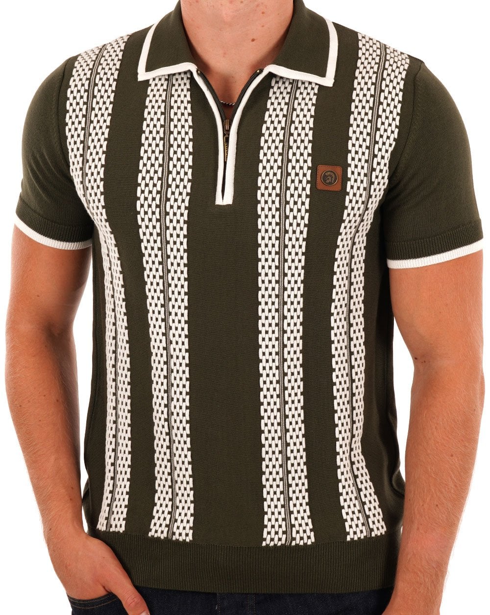Trojan Chain Stripe Zip Polo Army Green