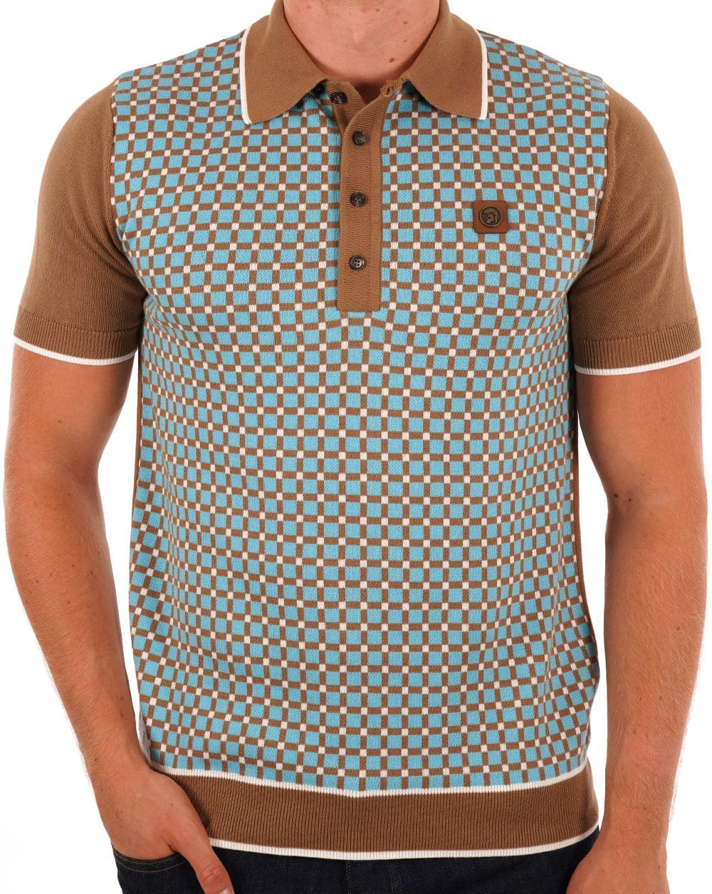 Trojan Squares Panel Knitted Polo Camel
