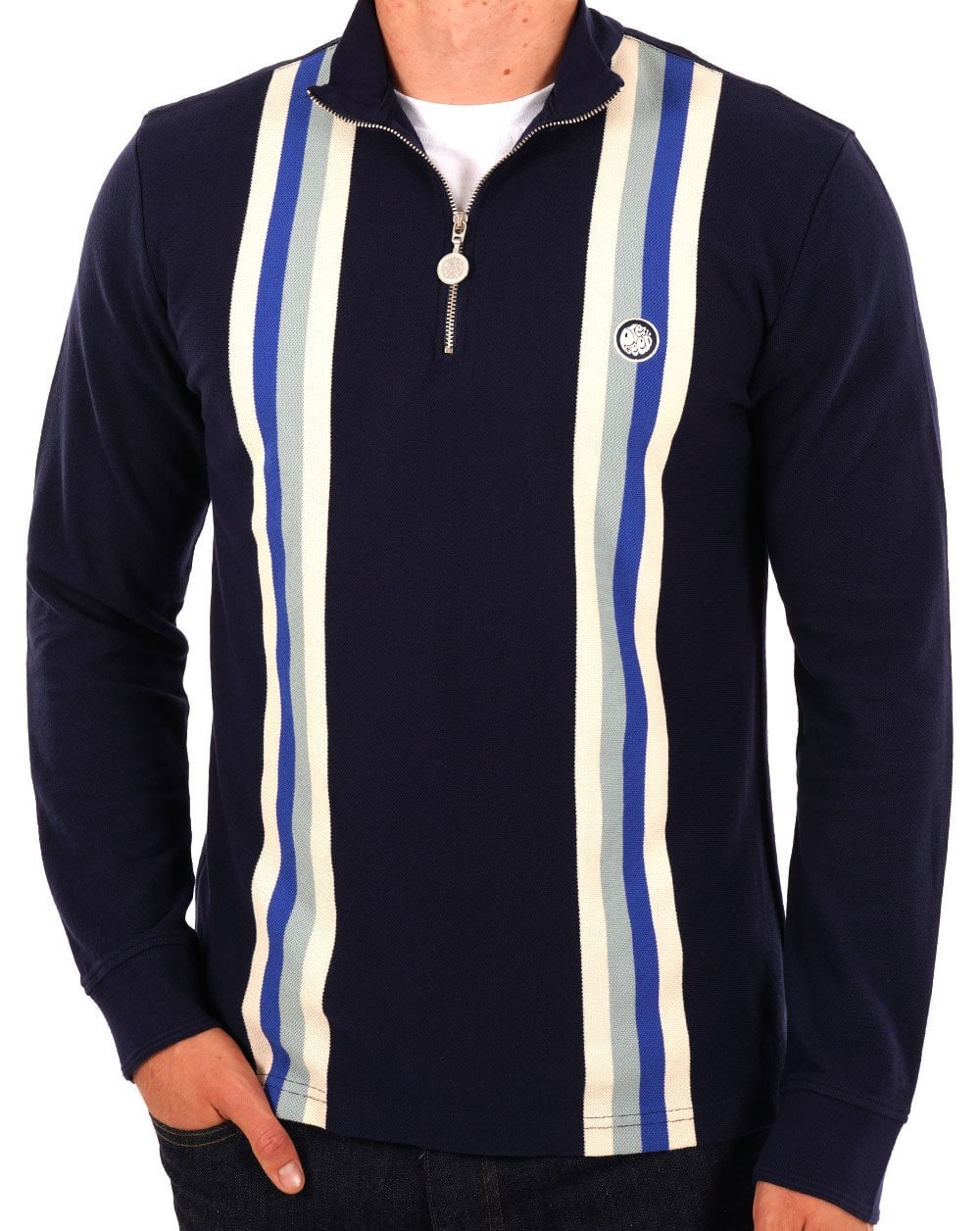 Pretty Green LS Stripe Zip Neck Polo Navy