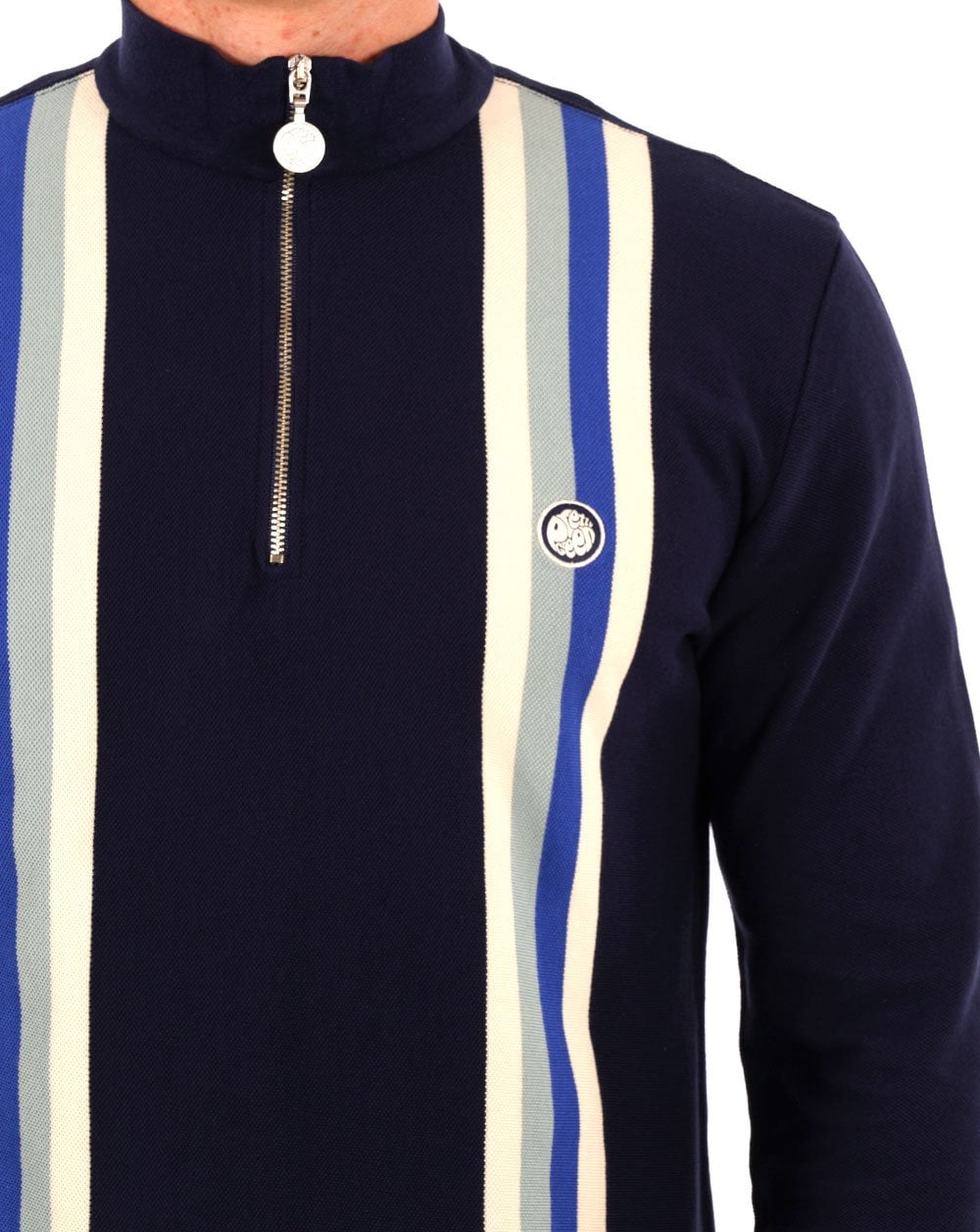 Pretty Green LS Stripe Zip Neck Polo Navy