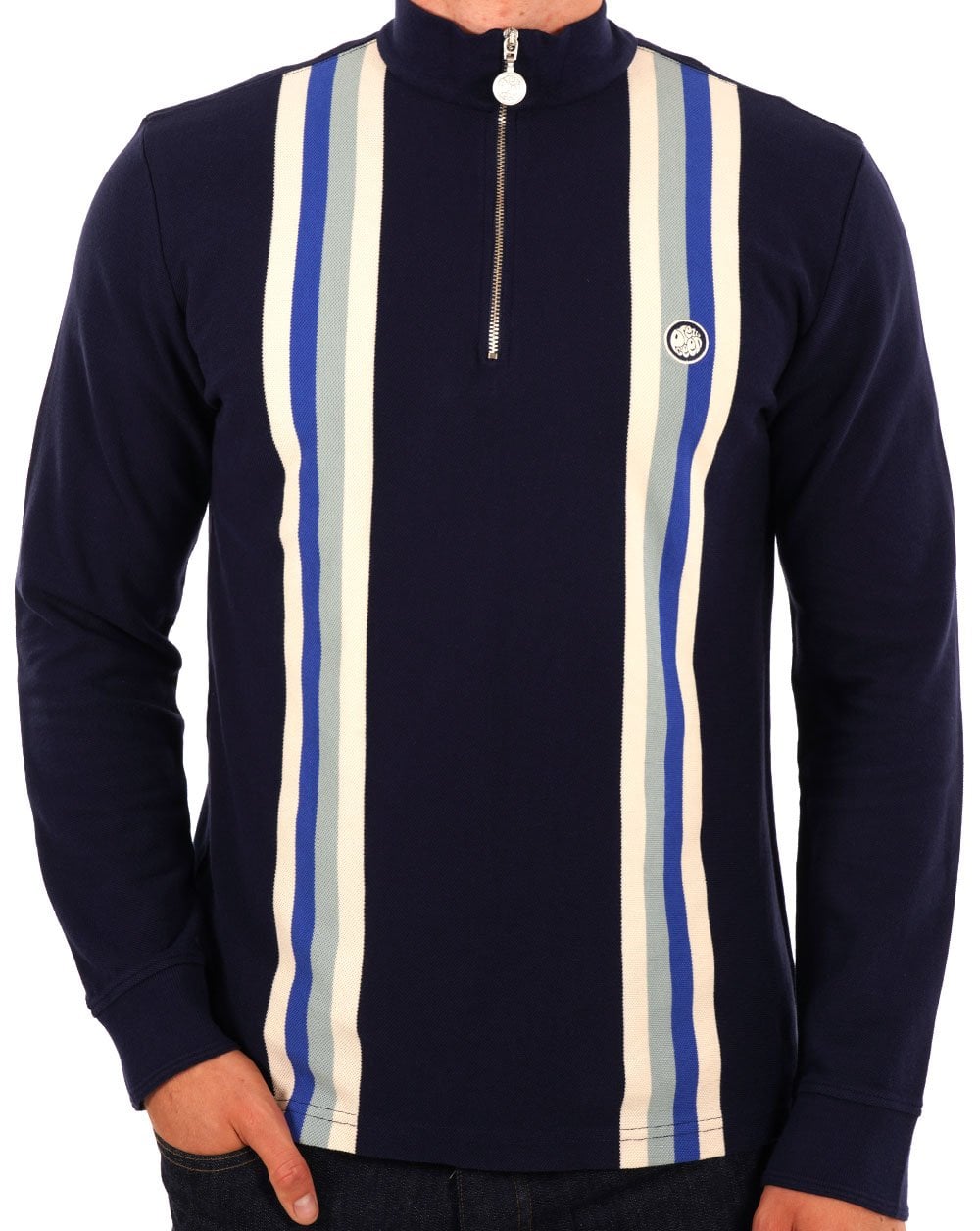 Pretty Green LS Stripe Zip Neck Polo Navy