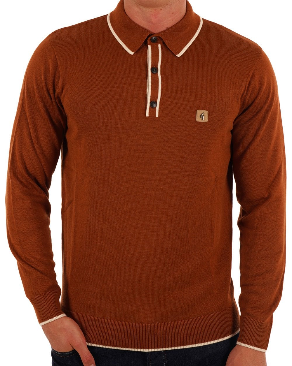 Gabicci Vintage Lineker LS Knitted Polo Toffee